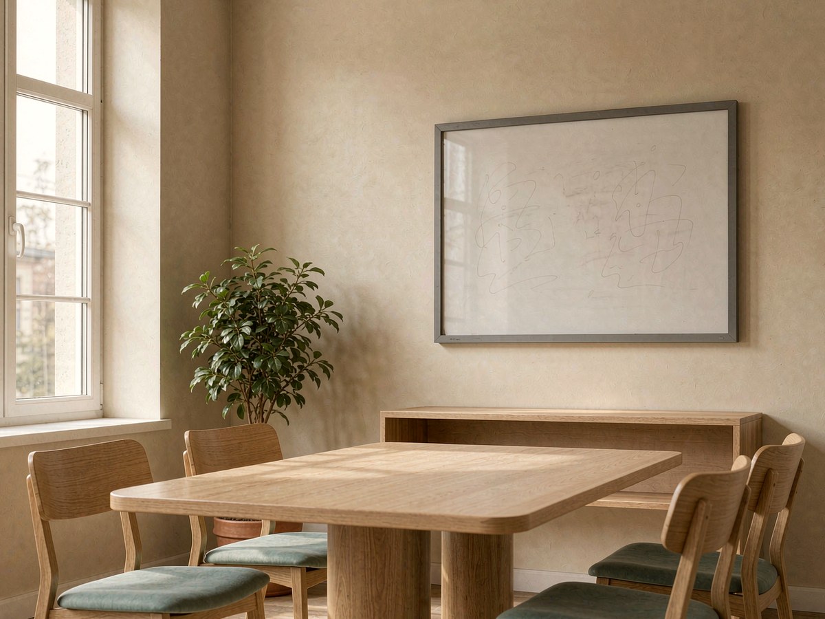 A quiet meeting room with a table, chairs and a whiteboard