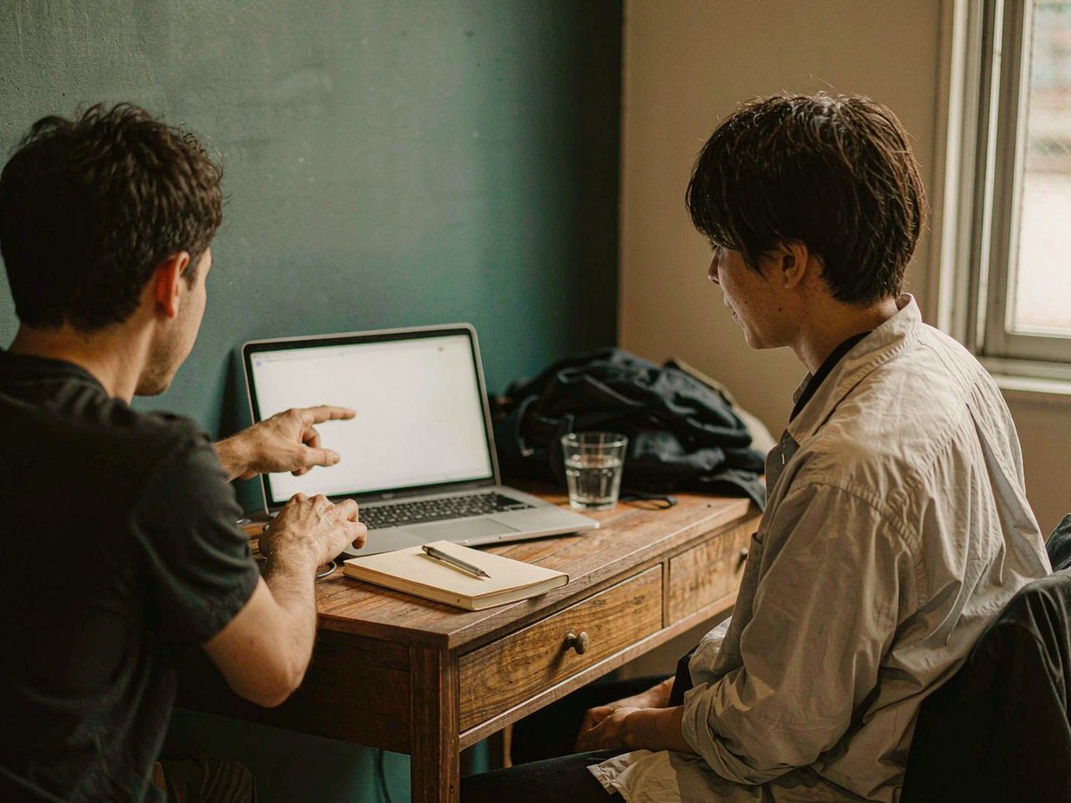 Two people reviewing a laptop screen together at an office table