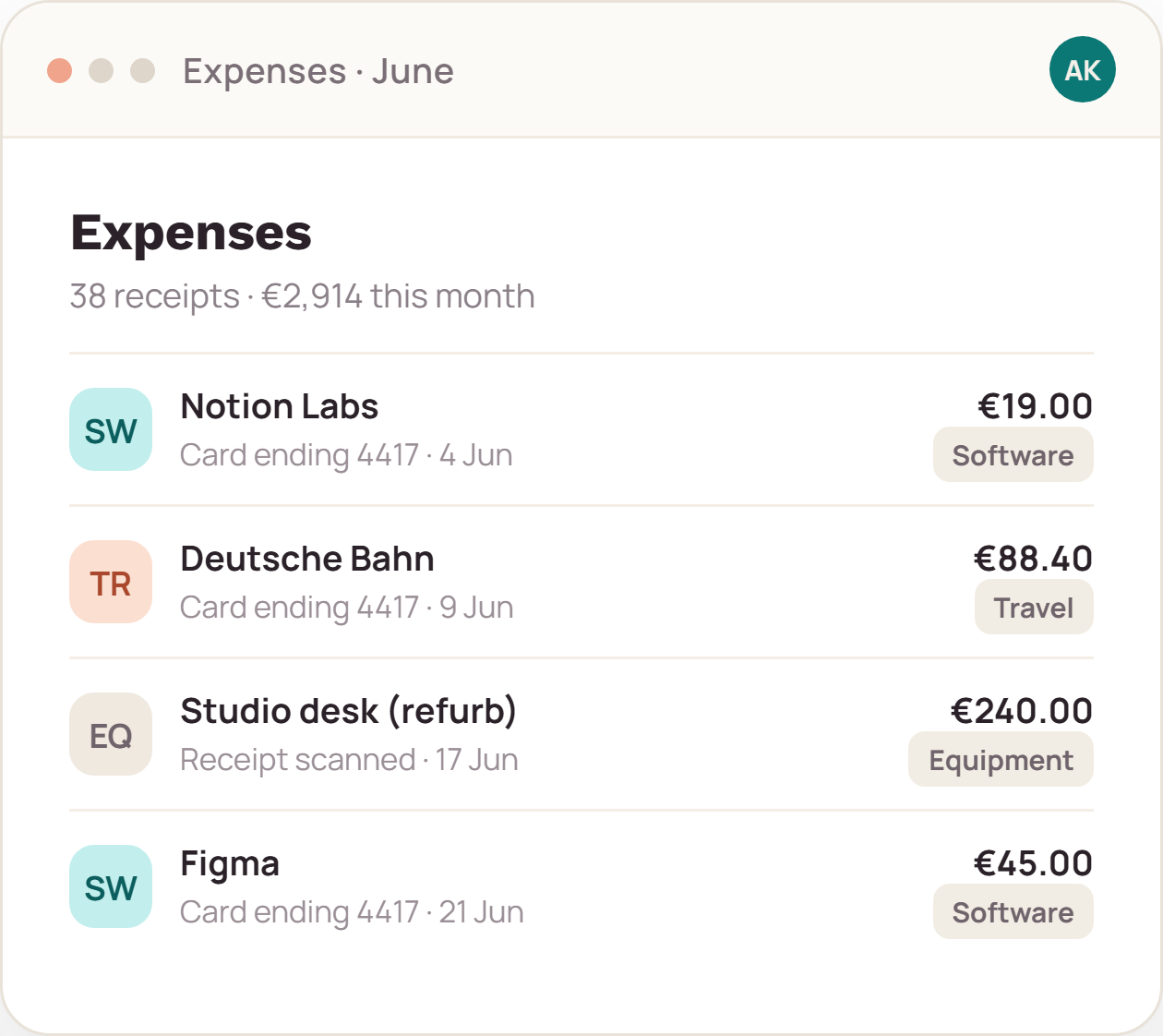 Expense list with categories, card notes and receipt references