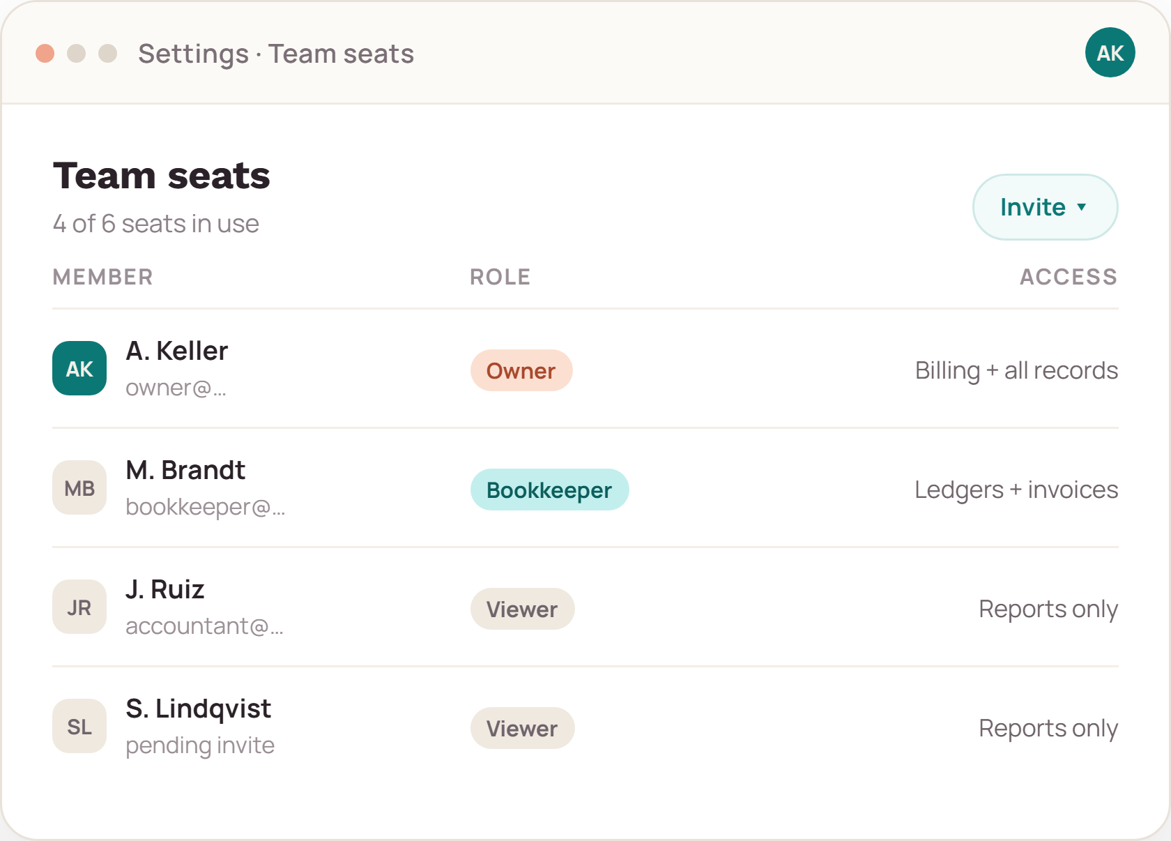 Team seats screen showing owner, bookkeeper and viewer roles